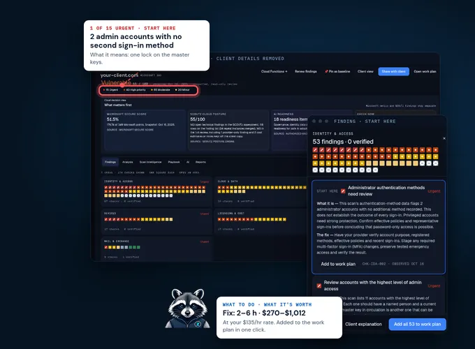 Anonymized Microsoft 365 finding detail with source evidence and a work-planning example.