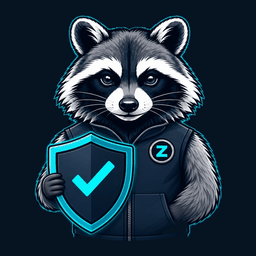 SCOUTz raccoon holding a security shield with a checkmark