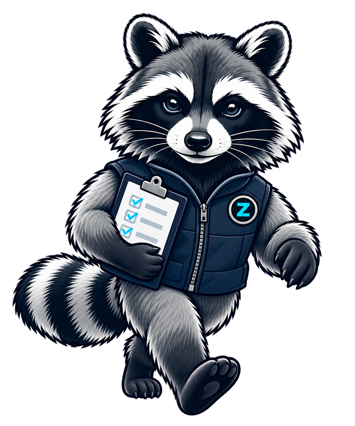 SCOUTz raccoon mascot carrying an evidence checklist forward
