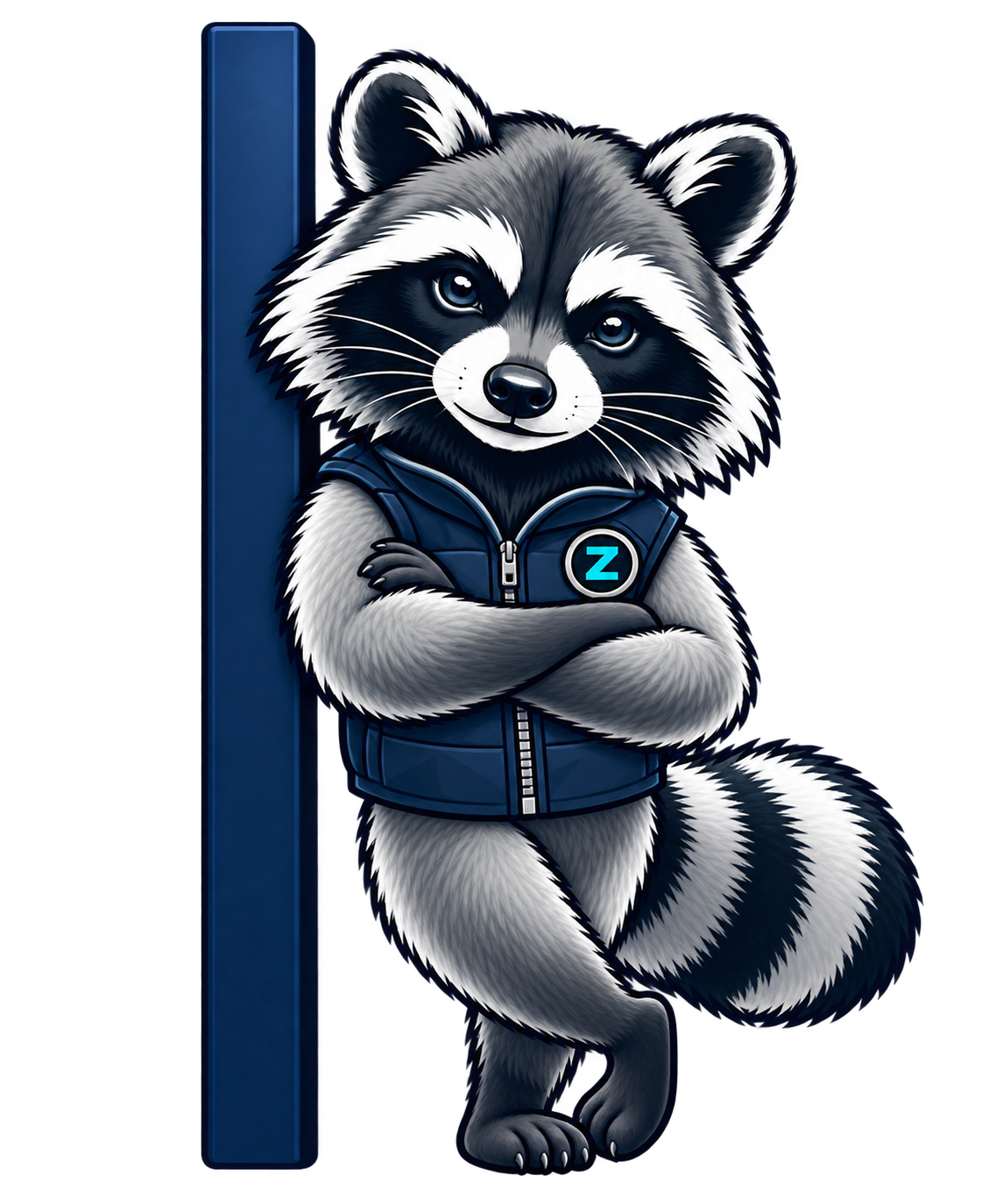 SCOUTz raccoon mascot leaning against a boundary with folded arms