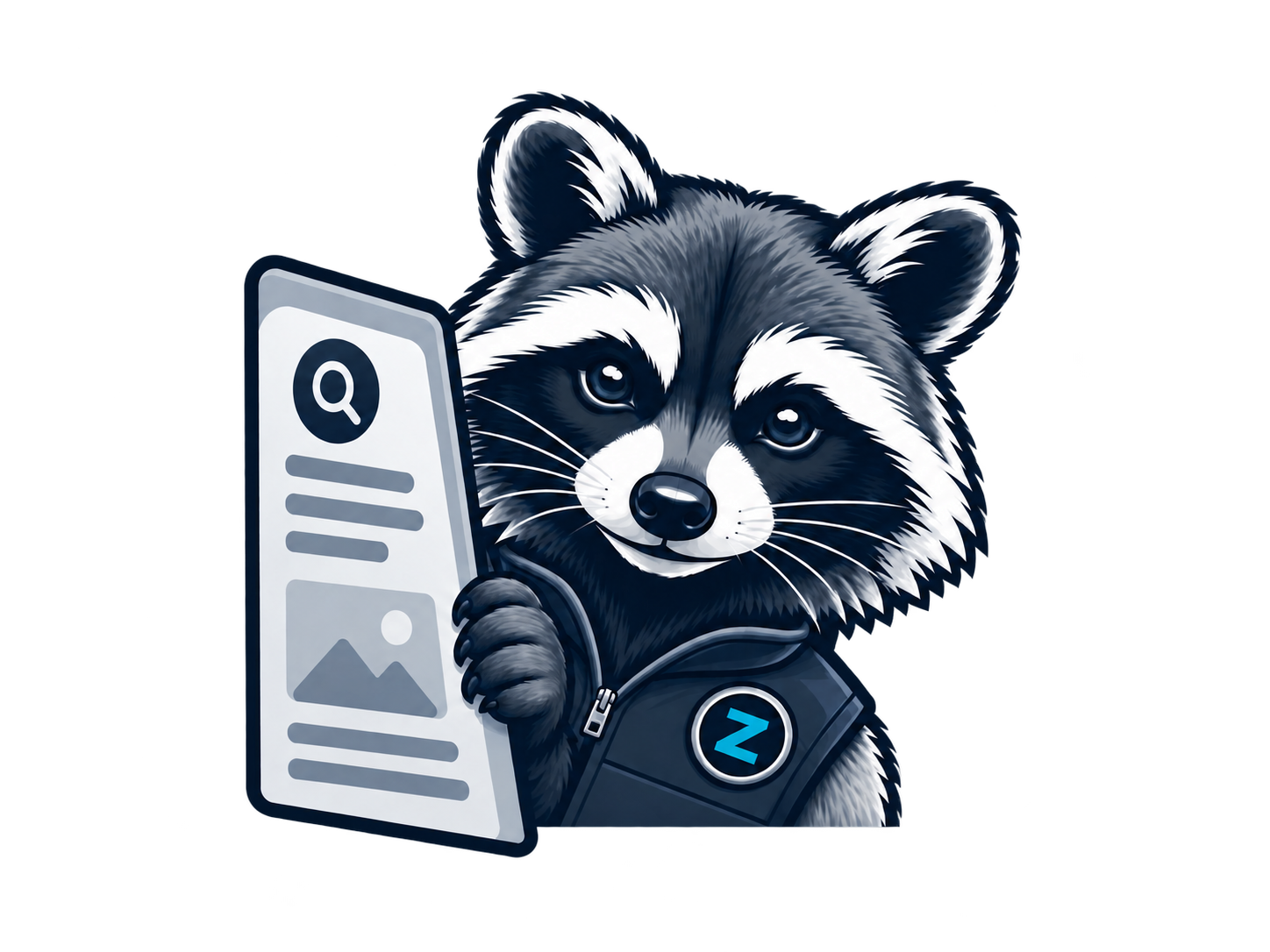 SCOUTz raccoon mascot peering at an evidence panel