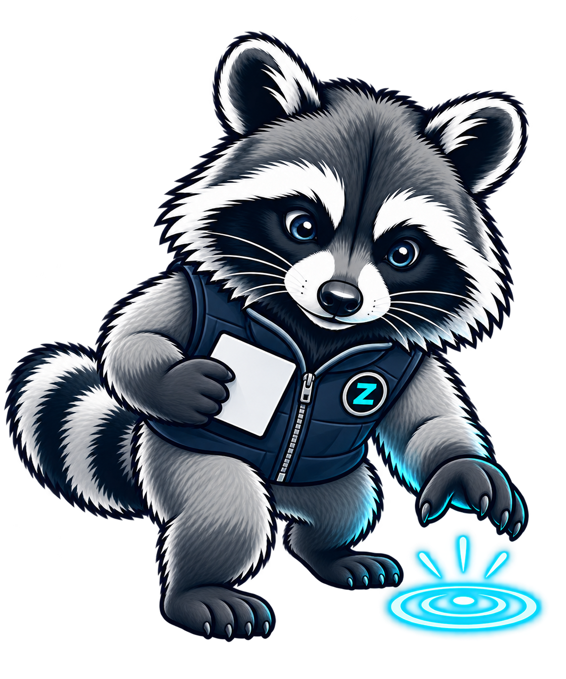 SCOUTz raccoon mascot spotting a signal beside an evidence marker