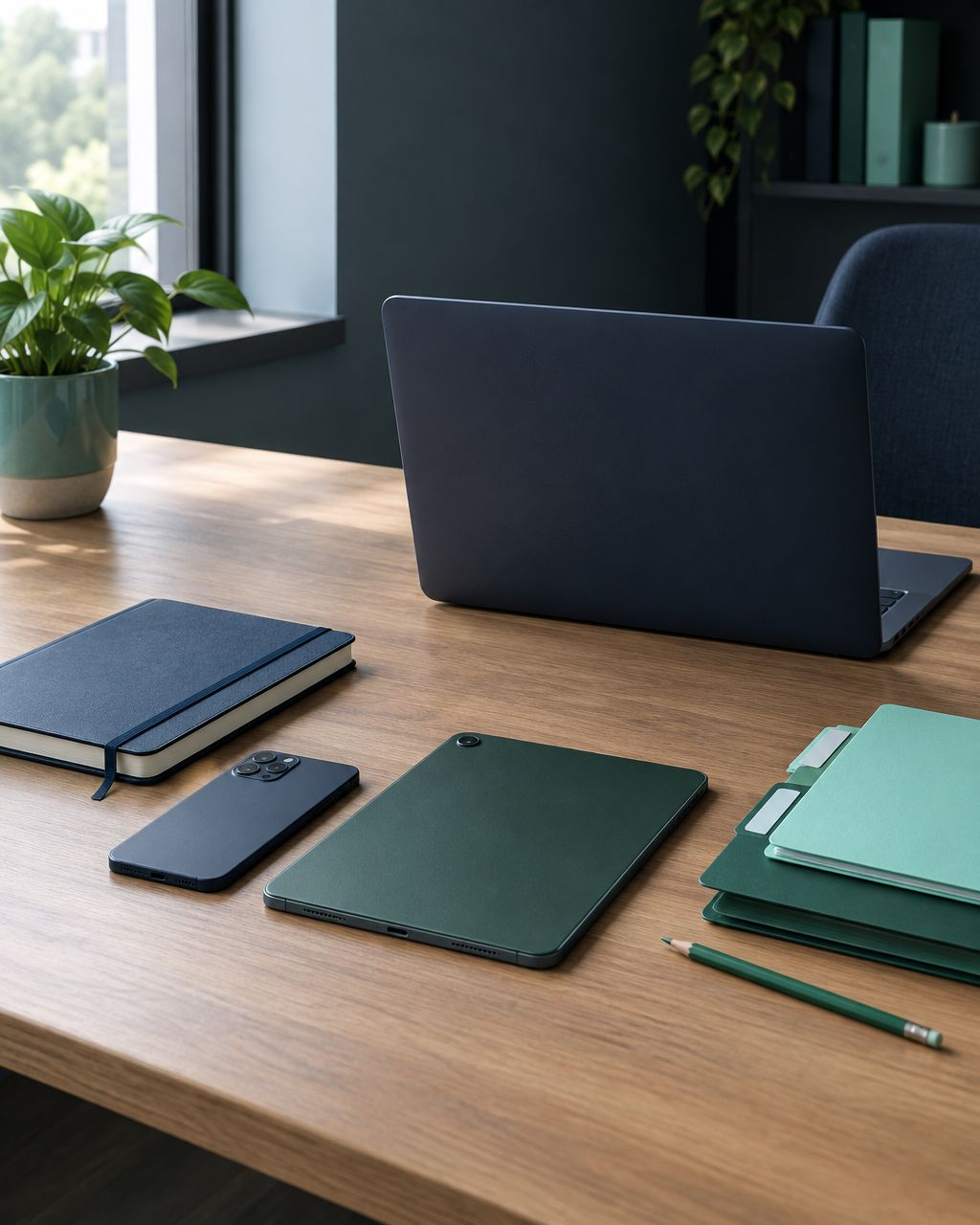 Illustrative application-review workspace with a laptop, phone, tablet and organized folders; not a SCOUTz product screenshot.