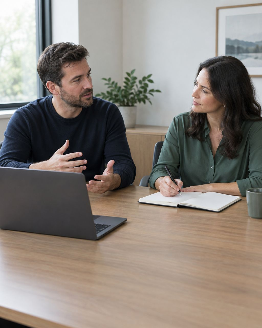 Illustration of sales colleagues discussing proposal follow-up in an office meeting.