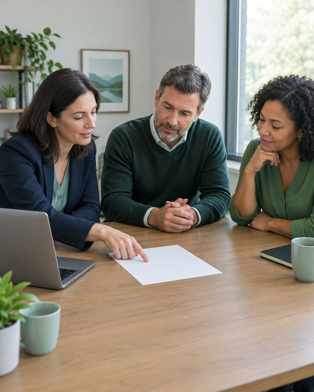 Illustration of a sales consultant and two business buyers reviewing a proposal together.