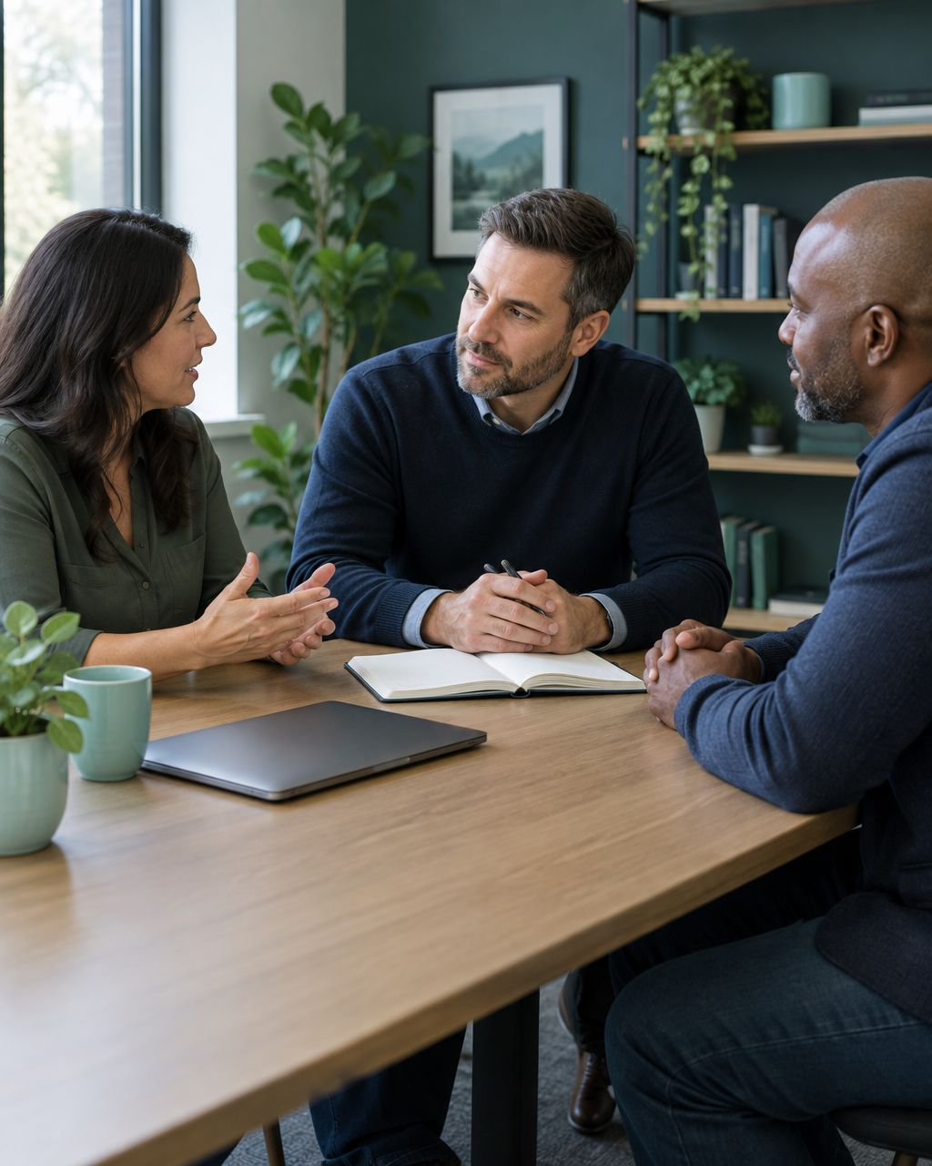Illustration of a sales consultant listening to business owners during a discovery meeting.