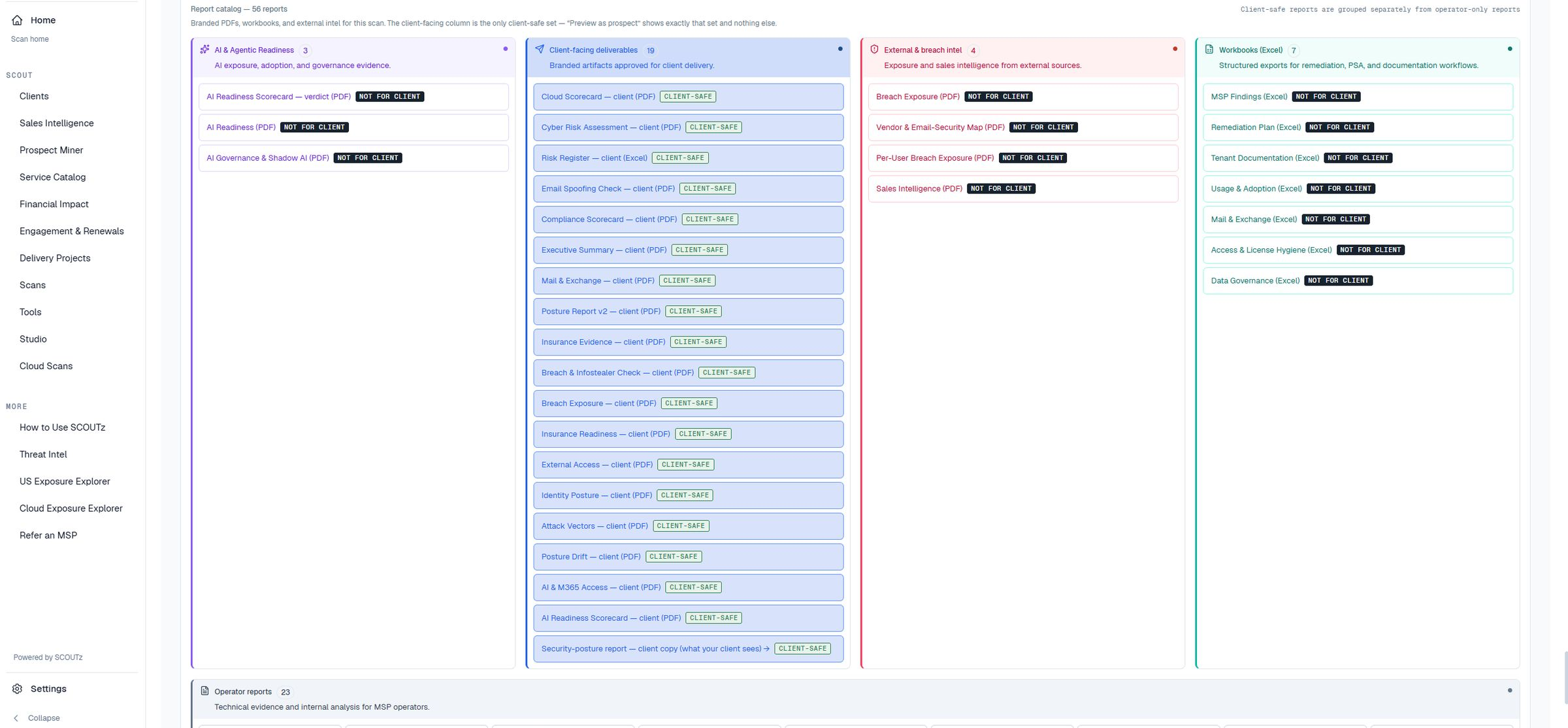 Owner-supplied SCOUTz Studio client-safe report-catalog capture; not a shared-file inventory, file-content audit or evidence of data leakage.