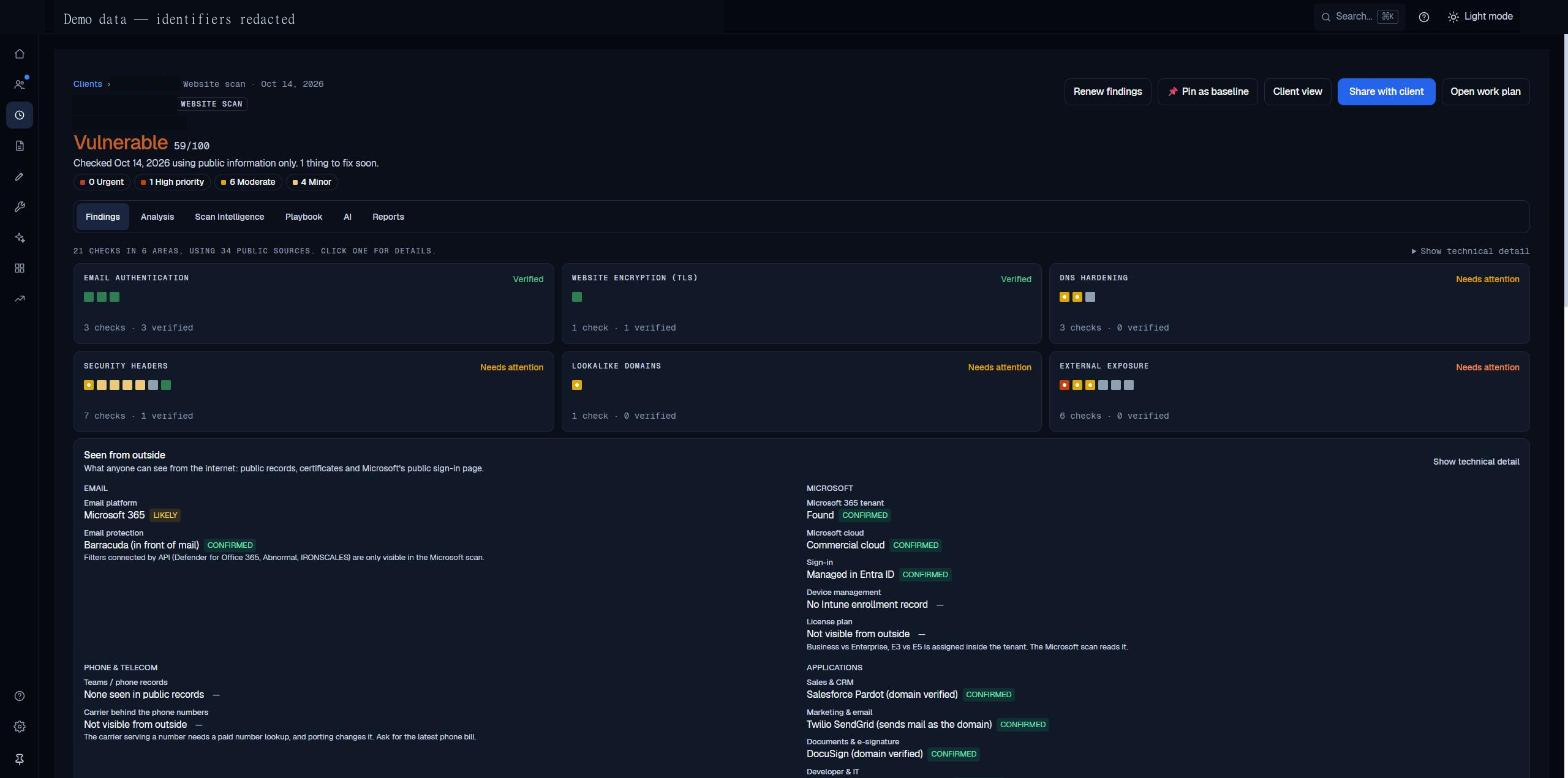 Dated domain scan with evidence areas, baseline and client-sharing controls; client identifiers redacted.